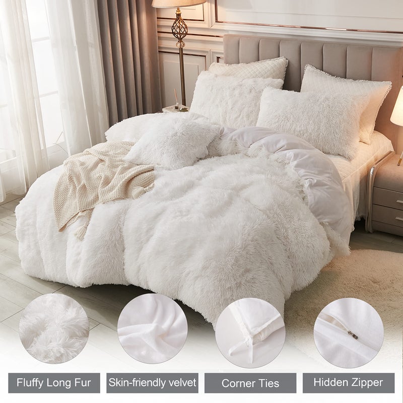 annadaif Plush White Queen Duvet Cover, Fluffy Soft Faux Fur Velvet Comforter Cover, Luxury Fuzzy Shaggy Bedding Sets 3 Pieces(1 Duvet Cover,2 Pillowcases), Zipper Closure - Image 2